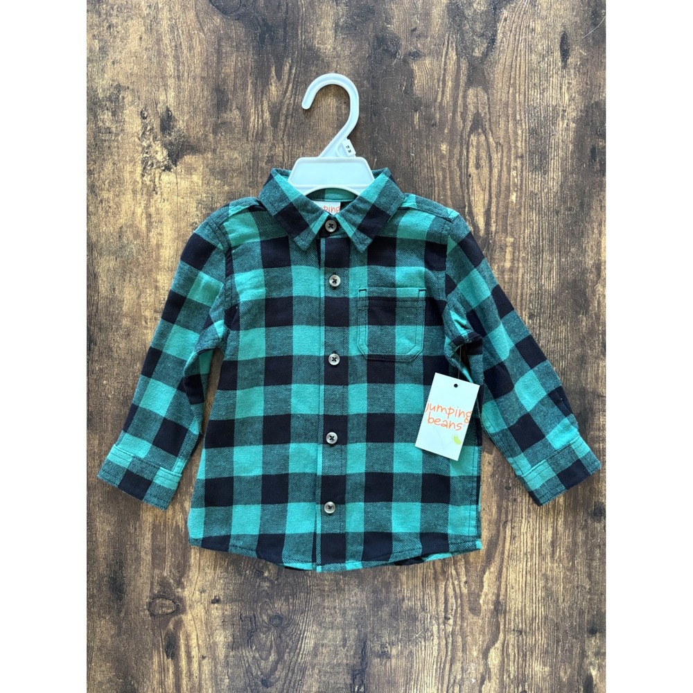 Jumping Beans Boys Green Black Buffalo Plaid Flannel Button Down Shirt 18 Months